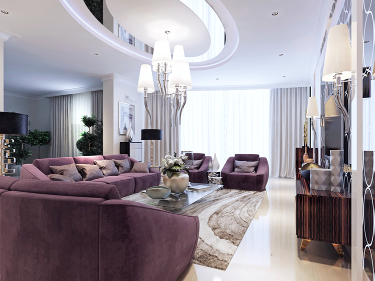 luxury living room purple furniture modern decor